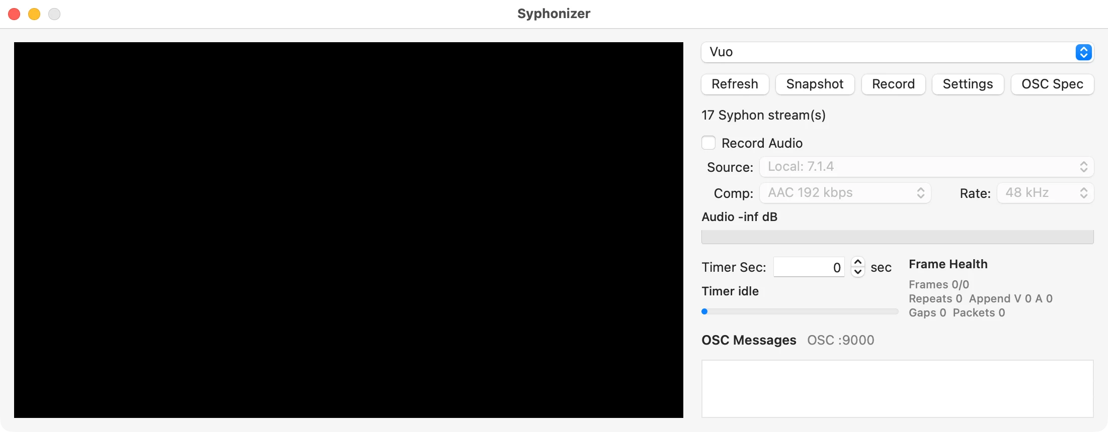 La fenêtre de Syphonizer : aperçu de la source à gauche, menu des sources et commandes à droite. / The Syphonizer window: source preview on the left, source menu and controls on the right.